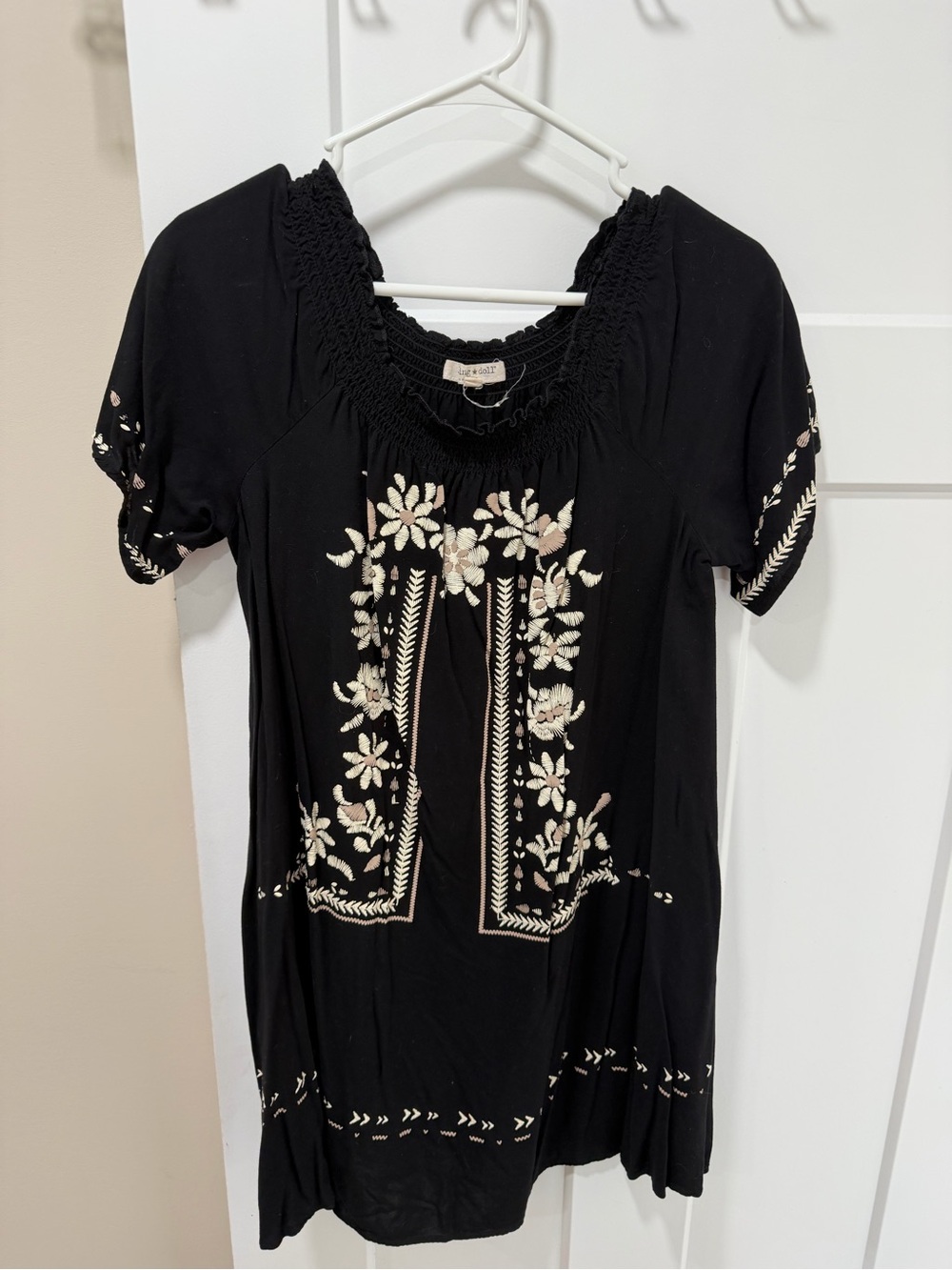 living doll Black Dress with Cream Floral Embroidery